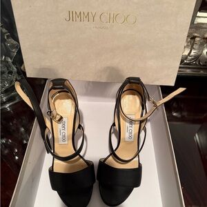 Jimmy Choo Black Leather Strappy Ankle-Heel Sandals.  With original box.